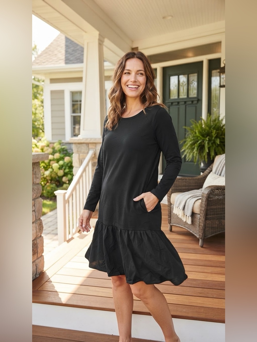 LOGO® Women Dress Black Ruffle Spandex Cotton Long Sleeve Size M NEW